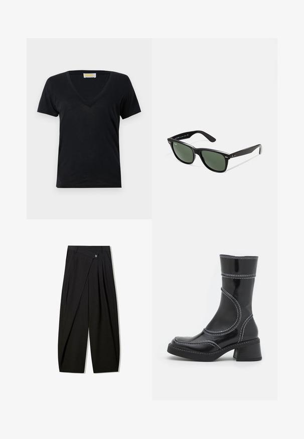 Black leather jacket with a wide collar, zip closure, side pockets, and a belted waist. Features a loose fit and textured material.; Black v-neck t-shirt made from soft, lightweight fabric. Short sleeves and a simple design without patterns or accents.; Black wide-leg trousers crafted from smooth fabric, featuring front pleats, a button closure, and a tailored design for a structured silhouette.; Black patent leather ankle boot with white stitching, rounded toe, and block heel. Features curved design lines and a smooth texture.; Black plastic sunglasses with green lenses, square frames, silver accent on the brow, and textured temple arms. Stated brand on inner arm.