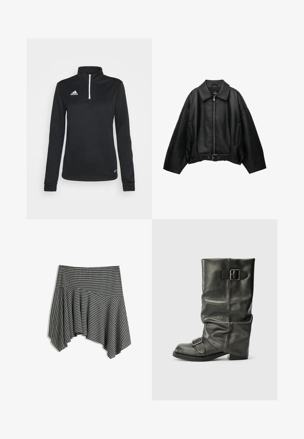 Fekete bőrdzseki széles gallérral, cipzáras záródással, oldalzsebekkel és övvel a deréknál. Laza szabású és texturált anyagból készült.; Fekete, hosszú ujjú, negyed cipzáras pulóver, sima szintetikus anyagból készült. Fehér cipzárral és hímzett logóval rendelkezik a bal mellen.; Szürke csíkozott szoknya aszimmetrikus szegéllyel. Puha anyagból készült, testhezálló derékrésszel és lebegő eséssel.; Fekete műbőr bokacsizma laza szárra, vastag sarokra és oldalt két fémcsattal a részletezéshez.