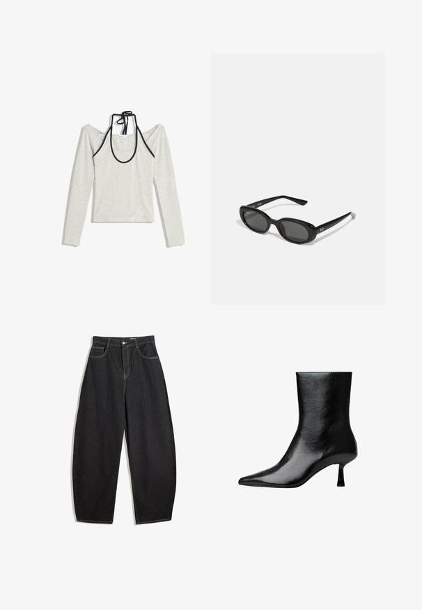 Musta nahkatakki leveällä kauluksella, vetoketjukiinnityksellä, sivutaskuilla ja vyöllä vyötäröllä. Ominaisuuksiin kuuluvat väljä istuvuus ja teksturoitu materiaali.; Vaaleanharmaa pitkähihaisuus paita, jossa on olkaimeton muotoilu ja mustat yksityiskohdat. Ominaisuuksiin kuuluu pyöreä kaula-aukko, jossa on nauhatakuu taustalla. Kangas on puuvillasekoitetta.; Mustat farkut leveällä lahkeella ja korkealla vyötäröllä, joissa on keltainen tikkaus, kaksi etutaskua ja yksittäinen napitus.; Musta nilkkuri kiiltävästä nahasta, jossa on terävä kärki ja kapea korko, sekä sileä pinta ja minimalistinen muotoilu.; Mustat aurinkolasit, joissa on soikeat linssit, kiiltävä muovikehys ja kapeat varret. Sivussa on valkoinen Ray-Ban-logo.; Musta nahkalaukku, jossa on punotut kahvat, teksturoitu pinta, vetoketjullinen etutasku ja koristeelliset fringes-akoristeet. Kompakti ja jämäkkä muoto.