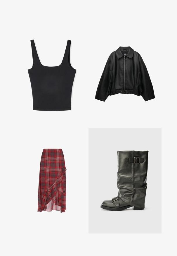 Schwarze Lederjacke mit weitem Kragen, Reißverschluss, Seitentaschen und tailliertem Gürtel. Verfügt über eine lockere Passform und eine strukturierte Oberfläche.; Schwarzes Tanktop mit breiten Trägern, quadratischem Ausschnitt und taillierter Passform. Hergestellt aus glattem Stoff mit einem nahtlosen Saum für einen sauberen Abschluss.; Roter karierter Rock aus leichtem Stoff, mit einem rüschenden Saum und asymmetrischem Design. Enthält Grautöne und Weiß im Muster.; Schwarzer Fake-Leder-Ankle-Boot mit einem lässigen Schaft, einem auffälligen Absatz und zwei metallischen Schnallen an der Seite für Details.