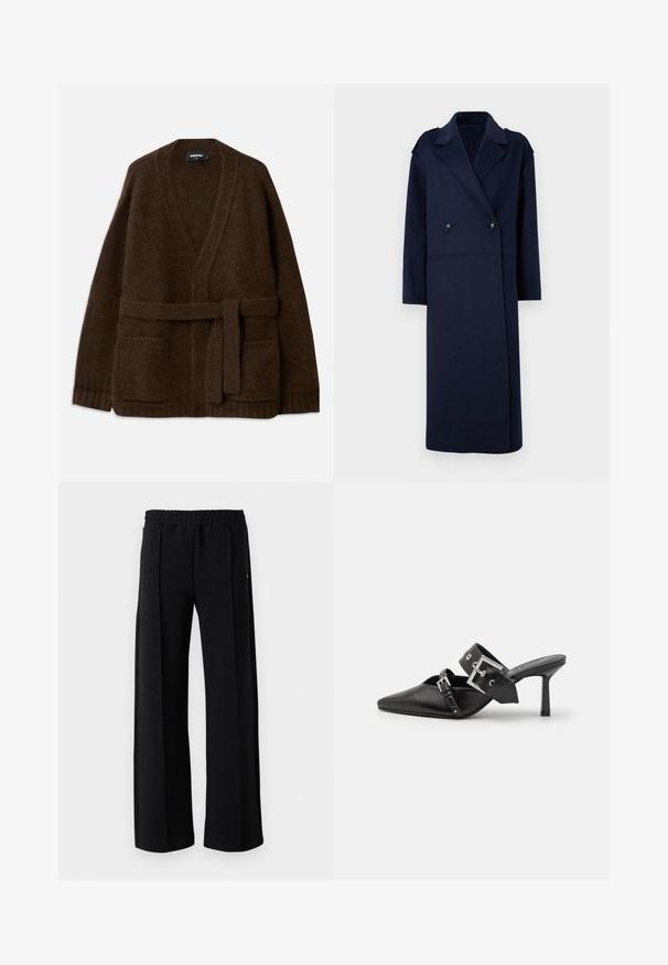 Marineblauer Wollmischungsmantel mit doppelter Knopfleiste, Reverskragen und langen Ärmeln. Ausgestattet mit zwei schwarzen Knöpfen und einem mittellangen Design.; Brauner gestrickter Cardigan mit V-Ausschnitt, langen Ärmeln, zwei vorderen Taschen und einem passenden Gürtel in der Taille. Strukturiertes, weiches Material.; Weißes Langarm-Hemd mit Knopfverschluss aus einer glatten Baumwollmischung. Verfügt über einen klassischen Kragen, eine Frontknopfverschluss und abgerundete Manschetten.; Schwarze gerade Hosen mit elastischem Bund und subtiler Struktur im gesamten Stoff auf einem weißen Hintergrund.; Schwarze High-Heel-Mules mit spitzem Zeh aus glattem Leder. Mit einem breiten Knöchelriemen, der eine quadratische silberne Schnalle und Nieten aufweist.