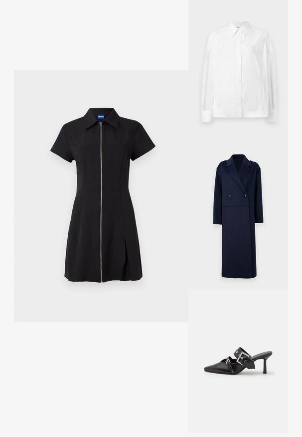 Námořnický kabát z vlněné směsi s dvojitým zapínáním, klopovým límcem a dlouhými rukávy. Obsahuje dvě černé knoflíky a má střední délku.; Černé šaty s krátkými rukávy, předním zipem, límečkem a bočním rozparkem. Vyrobeno z hladkého materiálu, s jemným logem na hrudi.; Bílá košile s dlouhým rukávem z hladké bavlněné směsi. Obsahuje klasický límec, přední zapínání na knoflíky a zaoblené manžety.; Černé muly na vysokém podpatku s špičatou špičkou, vyrobené z hladké kůže. Mají široký pás kolem kotníku se čtvercovou stříbrnou sponou a cvočky.
