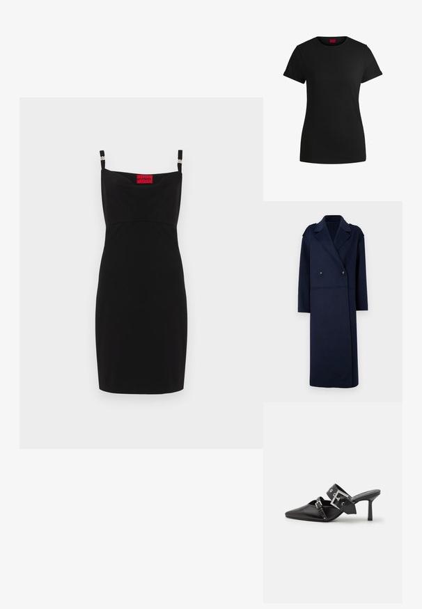 Manteau en mélange de laine bleu marine avec un devant double boutonnage, un col cranté et des manches longues. Il comporte deux boutons noirs et une coupe mi-longue.; Robe noire sans manches avec une silhouette ajustée, dotée de bretelles réglables et d'un détail froncé à l'avant ; étiquette de marque en rouge.; T-shirt noir en coton avec des manches courtes roulées, un col rond et une étiquette rouge. Texture lisse, forme ajustée avec un minimum de détails.; Mules noires à talons hauts avec un bout pointu, en cuir lisse. Dotées d'une large sangle à la cheville avec une boucle carrée en argent et des clous.