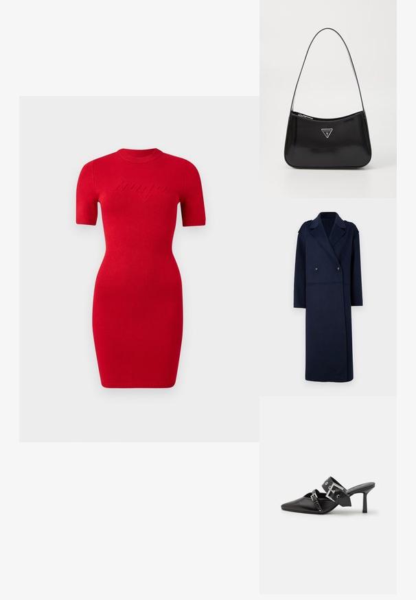 Palton din lână bleu navy cu un design cu două rânduri de nasturi, guler tăiat și mâneci lungi. Are două nasturi negri și este de lungime medie.; Rochie tricotată roșie cu mâneci scurte, croială slim, și decolteu rotund. Prezintă detalii cu text ridicat "bango" pe față.; Mulele negre cu toc înalt, cu vârful ascuțit, fabricate din piele netedă. Dispun de o curea lată pentru gleznă, cu o cataramă pătrată din argint și cu cuie.; Geantă de umăr din piele patent neagră, cu o formă curbată, având un logo triangular argintiu și închidere cu fermoar. Textură netedă și curea subțire.