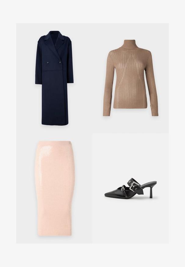 Marineblauer Wollmischungsmantel mit doppelter Knopfleiste, Reverskragen und langen Ärmeln. Ausgestattet mit zwei schwarzen Knöpfen und einem mittellangen Design.; Beige Rollkragensweater mit geripptem Muster und langen Ärmeln, der ein dreieckiges Stickmuster an der Vorderseite für zusätzliche Details aufweist.; Strick-Midi-Rock in sanftem Rosa mit vertikaler Rippung und Pailletten, die eine Seite akzentuieren. Er verfügt über eine enganliegende Silhouette und ein dehnbares Material.; Schwarze High-Heel-Mules mit spitzem Zeh aus glattem Leder. Mit einem breiten Knöchelriemen, der eine quadratische silberne Schnalle und Nieten aufweist.