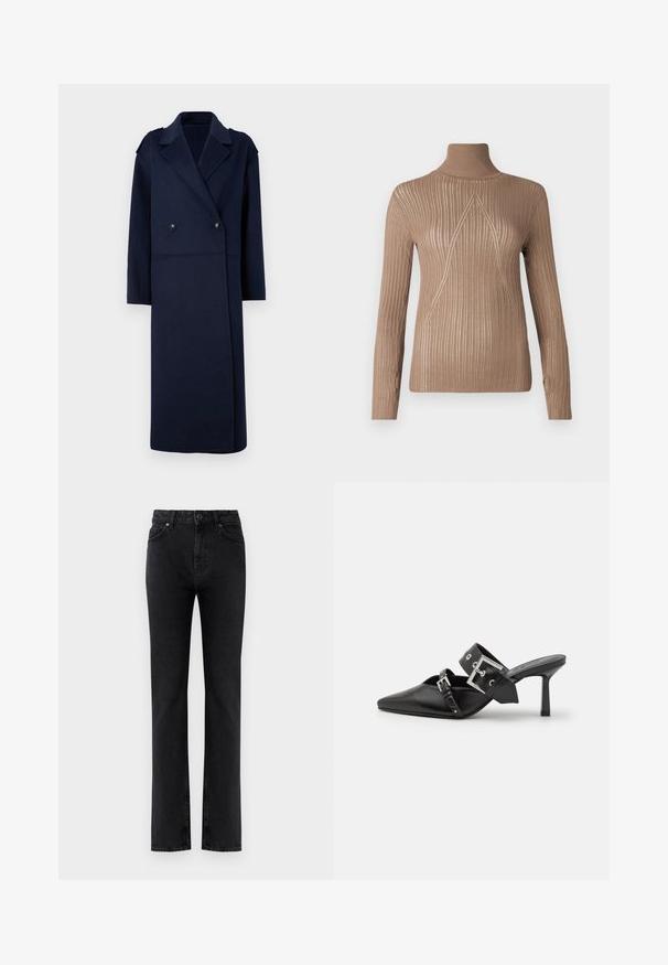 Marineblauer Wollmischungsmantel mit doppelter Knopfleiste, Reverskragen und langen Ärmeln. Ausgestattet mit zwei schwarzen Knöpfen und einem mittellangen Design.; Beige Rollkragensweater mit geripptem Muster und langen Ärmeln, der ein dreieckiges Stickmuster an der Vorderseite für zusätzliche Details aufweist.; Schwarze hochgeschnittene Jeans im geraden Schnitt mit Fronttaschen, Gürtelschlaufen, Knopfverschluss und Reißverschluss vor einem weißen Hintergrund.; Schwarze High-Heel-Mules mit spitzem Zeh aus glattem Leder. Mit einem breiten Knöchelriemen, der eine quadratische silberne Schnalle und Nieten aufweist.