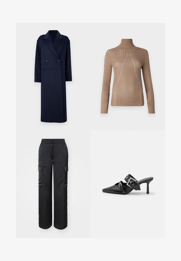 Mornarsko plašč iz volnene mešanice z dvojno zapenjanjem, z nazobčanim ovratnikom in dolgimi rokavi. Ima dve črni gumbi in srednje dolžino.; Bež pulover s turtleneck iz ribane tkanine in dolgimi rokavi, ki vsebuje triagonalni vzorec šivanja spredaj za dodaten poudarek.; Črne široke cargo hlače iz gladkega materiala, ki imajo dve stranski žepek in visok pas.; Črne visoke mule s koničastim prstom, izdelane iz gladkega usnja. Imajo širok gleženjski trak s kvadratno srebrno zaponko in okraski.
