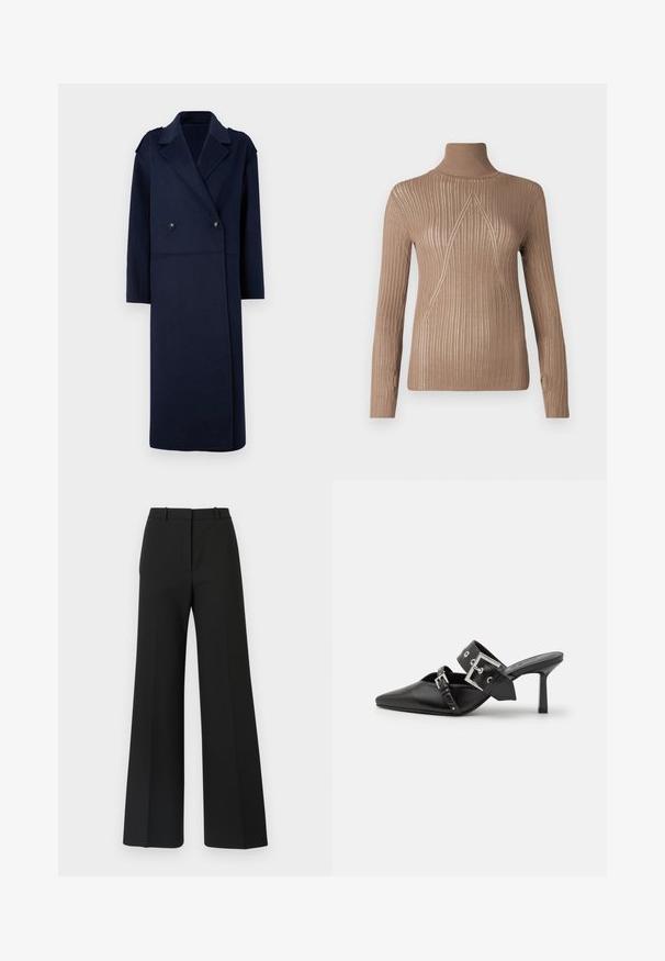 Marineblå uldblandingsfrakke med dobbeltradet front, skrå krave og lange ærmer. Har to sorte knapper og en mellem-længde design.; Beige turtleneck sweater med ribbet tekstur og lange ærmer, der har et trekantet strikkemønster foran for ekstra detaljer.; Sorte buks med vide ben og skræddersyet design, der har en glat tekstur og subtile plisseringer foran. Ingen synlige detaljer eller mønstre.; Sorte højhælede mules med spids tå, lavet af glat læder. Har et bredt ankelrem med en firkantet sølv spænde og nitter.