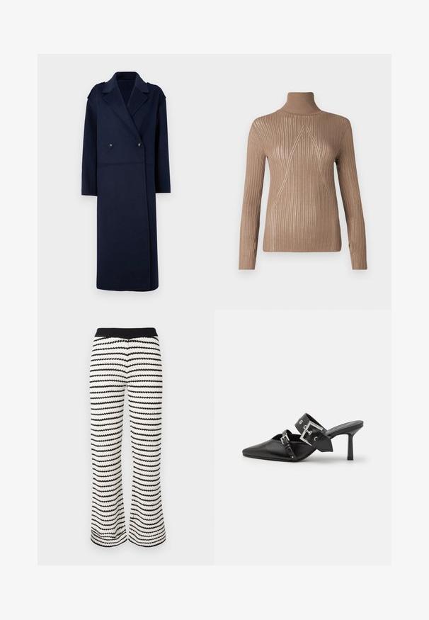 Marineblauwe wolmix jas met een dubbelgeknoopt voorpand, geknipte kraag en lange mouwen. Voorzien van twee zwarte knopen en een middellange pasvorm.; Beige coltrui met ribbelstructuur en lange mouwen, met een driehoekig breipatroon aan de voorkant voor extra detail.; Gebreide palazzo-broek in zwart-witte strepen. Kenmerkt zich door een geribde tailleband en een stof met een golvend patroon.; Zwarte hoge hakken mules met een puntige neus, gemaakt van soepel leer. Heeft een brede enkelriem met een vierkante zilveren gesp en studs.
