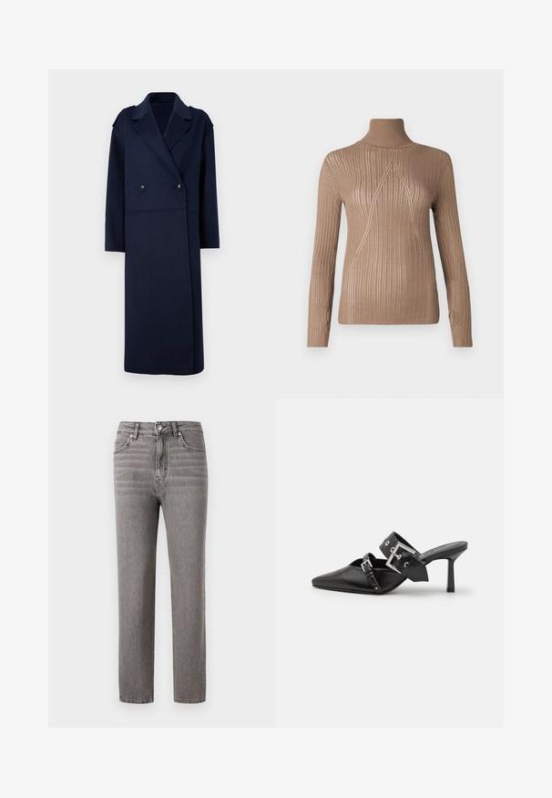 Suknja kaput od vune u mornarsko plavoj boji s dvostrukim prednjim dijelom, reverima i dugim rukavima. Sadrži dva crna gumba i srednje dugačak dizajn.; Bež džemper s visokim ovratnikom, rebraste teksture i dugim rukavima, s trokutastim uzorkom šavova na prednjoj strani za dodatnu detaljnost.; Sive traperice s ravnim krojem, srednjim strukom, pet džepova i suptilnim okomitima šavovima. Glatka tekstura i lagane su.; Crne visoke mule s oštrim vrhom, izrađene od glatke kože. Imaju široku narukvicu oko gležnja sa srebrnom kvadratnom kopčom i nitnama.