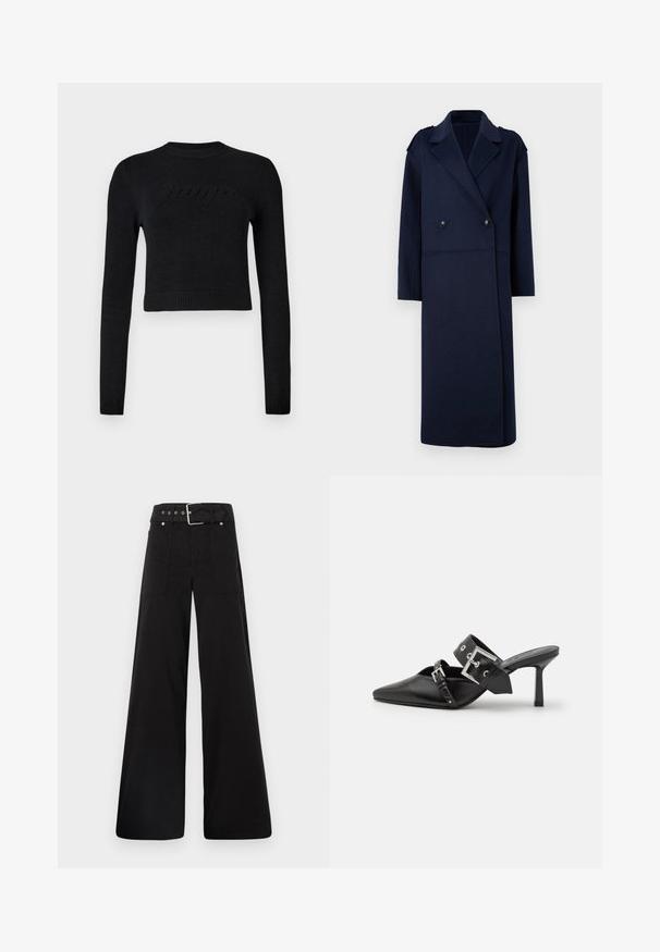 Granatowy płaszcz z wełny z dodatkiem, z podwójnym zapięciem z przodu, z klapami i długimi rękawami. Posiada dwa czarne guziki i średniej długości krój.; Czarny sweter z długim rękawem o skróconym kroju, z prążkowanymi mankietami i dolnym wykończeniem, z subtelnym podniesionym logo na klatce piersiowej.; Czarne spodnie o szerokich nogawkach wykonane z bawełny, z wysokim stanem, dużymi bocznymi kieszeniami i paskiem w talii z akcentami w kolorze srebrnym.; Czarne mule na wysokim obcasie z ostrym noskiem, wykonane z gładkiej skóry. Posiadają szeroki pasek na kostkę z kwadratową srebrną klamrą i ćwiekami.