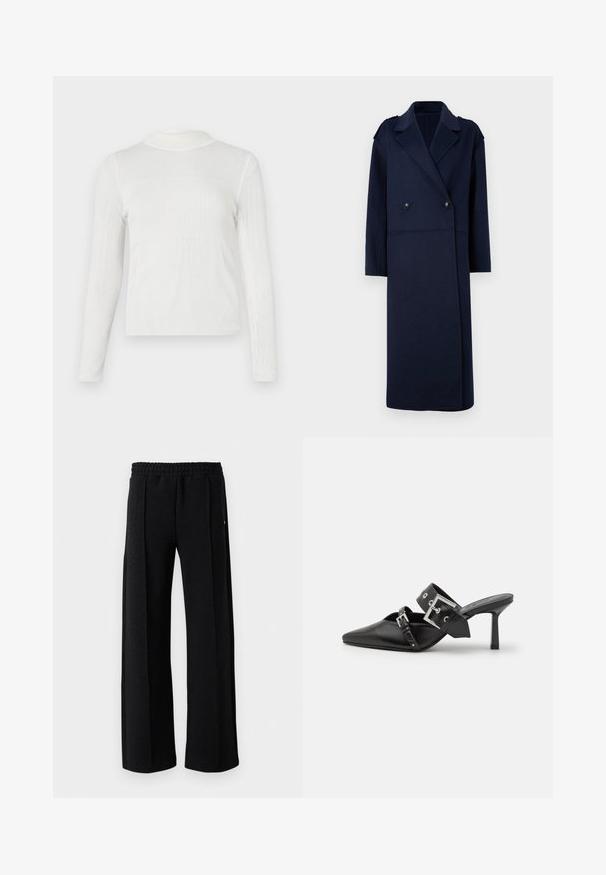 Tumesinise villase segu kattega kahe rinda nöörimisega mantel, lõigatud krae ja pikad varrukad. Omab kahte musta nööpide ja keskmise pikkusega disaini.; Valge, pikkade varrukatega särk kõrge mehise kaelusega. Ribikujuline tekstuur ning paigaldatud disain. Õmbluste detailid loovad struktureeritud ilme.; Mustad sirged püksid elastse vöökoha ja peene tekstuuriga mustril kogu kanga ulatuses valgel taustal.; Mustad mustad kõrged kontsad, terava toe ja siledast nahast. Omab laia pahkluu rihma ruudukujulise hõbedase klambri ja nurgakujuliste naeltega.