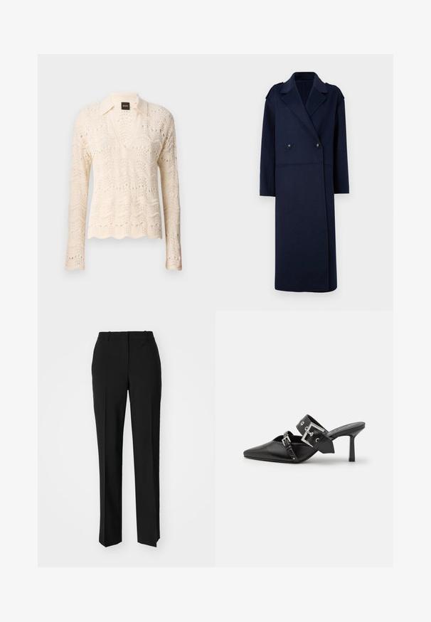 Marineblauer Wollmischungsmantel mit doppelter Knopfleiste, Reverskragen und langen Ärmeln. Ausgestattet mit zwei schwarzen Knöpfen und einem mittellangen Design.; Strickpullover in Creme mit gewelltem Saum, V-Ausschnitt und langen Ärmeln, die mit einem zarten Wellenmuster und durchbrochenen Details ausgestattet sind.; Schwarze, taillierte Hose mit geradem Bein, aus einem glatten Stoff und mit klaren Falten an der Vorderseite. Keine sichtbare Hardware.; Schwarze High-Heel-Mules mit spitzem Zeh aus glattem Leder. Mit einem breiten Knöchelriemen, der eine quadratische silberne Schnalle und Nieten aufweist.