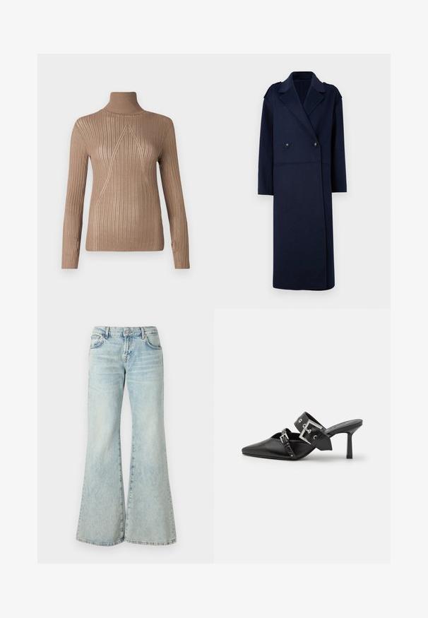 Cappotto in misto lana blu navy con davanti doppiopetto, colletto a rever e maniche lunghe. Presenta due bottoni neri e un design di lunghezza media.; Maglione beige a collo alto con texture a coste e maniche lunghe, caratterizzato da un motivo a punto triangolare lungo il fronte per un tocco di particolare.; Jeans a palazzo di colore blu chiaro realizzati in denim, con vita alta, tasche e orli sfilacciati. Il tessuto presenta un lavaggio sbiadito e una texture sottile.; Mule nere con tacco alto e punta affilata, realizzate in pelle liscia. Presentano una larga cinghia alla caviglia con una fibbia quadrata argentata e borchie.