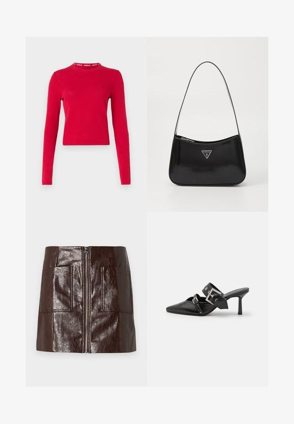 Kék gyapjú keverék kabát dupla soros elülső résszel, kiemelt gallérral és hosszú ujjal. Két fekete gombbal és közepes hosszúságú kialakítással rendelkezik.; Piros, hosszú ujjú, pamut felső, testhez simuló fazonnal. Kerek nyakkivágással és bordázott gallérral rendelkezik, amelyen fehér színű 'HUGO' felirat található.; Barna műbőr mini szoknya, elülső cipzárral, két nagy elülső zsebbel és sima, fényes felülettel.; Fekete magassarkú mules, hegyes orral, sima bőrből készült. Széles bokapántja van, négyzet alakú ezüst csattal és szegecsekkel.; Fekete lakkbőr válltáska ívelt formával, ezüst háromszög logóval és cipzáros záródással. Simaság jellemzi és vékony pántja van.