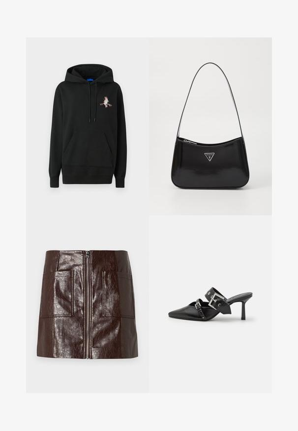 Palton din lână bleu navy cu un design cu două rânduri de nasturi, guler tăiat și mâneci lungi. Are două nasturi negri și este de lungime medie.; Sweatshirt negru cu glugă și buzunar frontal. Are un design brodat colorat pe piept. Fabricat dintr-un material moale și texturat.; Fustă mini din piele sintetică maro, cu un fermoar frontal, două buzunare mari în față și o textură netedă, lucioasă.; Mulele negre cu toc înalt, cu vârful ascuțit, fabricate din piele netedă. Dispun de o curea lată pentru gleznă, cu o cataramă pătrată din argint și cu cuie.; Geantă de umăr din piele patent neagră, cu o formă curbată, având un logo triangular argintiu și închidere cu fermoar. Textură netedă și curea subțire.