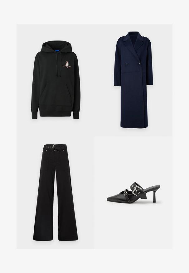 Tumši zils vilnas maisījuma mētelis ar divkāršu priekšpusi, atgriezta apkakle un garām piedurknēm. Ietver divus melnus pogas un vidēja garuma dizainu.; Melna kapuce sweatshirt ar frontālo kabatu. Iezīmēts ar košu izšuvumu uz krūtīm. Izgatavots no mīksta, teksturēta auduma.; Melna platā kāju bikses, izgatavotas no kokvilnas, ar augstu jostasvietu, lieliem sānu kabatām un jostu ar sudraba detaļām.; Melnas augstpapēžu mūles ar norādītu purngalu, izgatavotas no gludas ādas. Iekļauj plašu potītes siksnu ar kvadrātveida sudraba sprādzi un kniedēm.