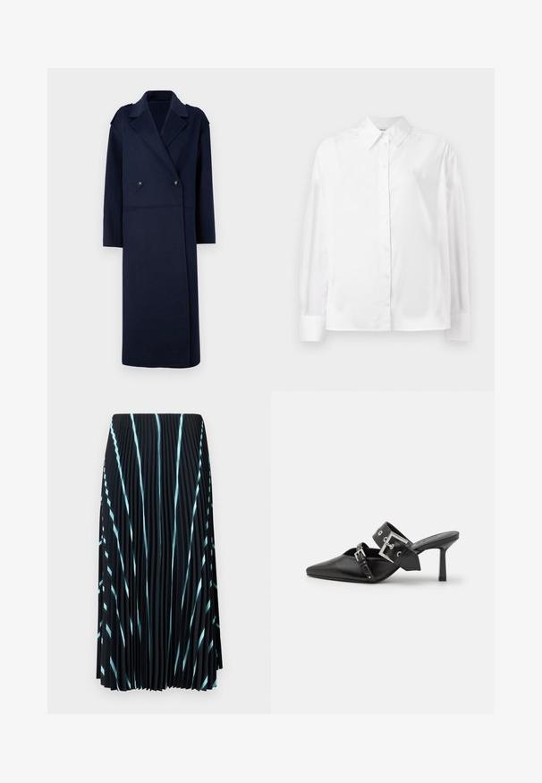 Kék gyapjú keverék kabát dupla soros elülső résszel, kiemelt gallérral és hosszú ujjal. Két fekete gombbal és közepes hosszúságú kialakítással rendelkezik.; Fehér, hosszú ujjú, gombos ing sima pamut keverékből. Klasszikus gallérral, elöl gombos záródással és lekerekített mandzsettával rendelkezik.; Fekete plissé szoknya világoskék átlós csíkokkal. Könnyű, textúrált anyagból készült. Középtalpig ér, és nincs rajta látható záródás.; Fekete magassarkú mules, hegyes orral, sima bőrből készült. Széles bokapántja van, négyzet alakú ezüst csattal és szegecsekkel.