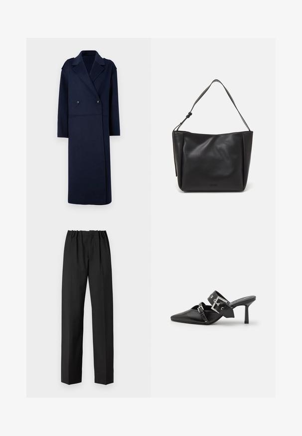 Marineblauer Wollmischungsmantel mit doppelter Knopfleiste, Reverskragen und langen Ärmeln. Ausgestattet mit zwei schwarzen Knöpfen und einem mittellangen Design.; Weißes Langarm-Hemd mit Knopfverschluss aus einer glatten Baumwollmischung. Verfügt über einen klassischen Kragen, eine Frontknopfverschluss und abgerundete Manschetten.; Schwarze Hosen mit geradem Bein, ausgestattet mit einem elastischen Bund und glatter Textur. Keine sichtbaren Muster oder Hardware-Details.; Schwarze High-Heel-Mules mit spitzem Zeh aus glattem Leder. Mit einem breiten Knöchelriemen, der eine quadratische silberne Schnalle und Nieten aufweist.; Calvin Klein GRACIE MEDIUM - Handtasche - black