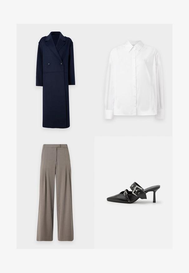 Marineblauwe wolmix jas met een dubbelgeknoopt voorpand, geknipte kraag en lange mouwen. Voorzien van twee zwarte knopen en een middellange pasvorm.; Witte langemouwige button-up shirt in een gladde katoenmix. Voorzien van een klassieke kraag, een knoopsluiting aan de voorkant en afgeronde manchetten.; Wijd uitgesneden broek in lichtbruine stof, met plooien, een vlakke taille en een nette zoom. Soepele textuur met een subtiele glans.; Zwarte hoge hakken mules met een puntige neus, gemaakt van soepel leer. Heeft een brede enkelriem met een vierkante zilveren gesp en studs.