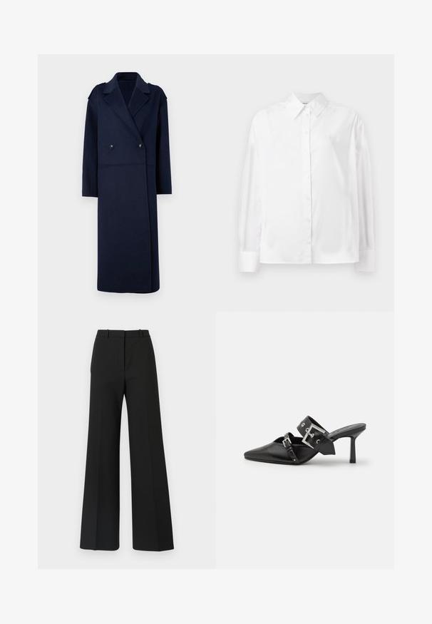 Marineblå uldblandingsfrakke med dobbeltradet front, skrå krave og lange ærmer. Har to sorte knapper og en mellem-længde design.; Hvid langærmet skjorte med knapper i en blød bomuldsblanding. Har en klassisk krave, frontlukning med knapper og rundede manchetter.; Sorte buks med vide ben og skræddersyet design, der har en glat tekstur og subtile plisseringer foran. Ingen synlige detaljer eller mønstre.; Sorte højhælede mules med spids tå, lavet af glat læder. Har et bredt ankelrem med en firkantet sølv spænde og nitter.