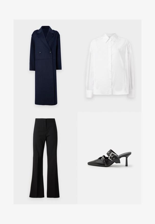 Marineblauwe wolmix jas met een dubbelgeknoopt voorpand, geknipte kraag en lange mouwen. Voorzien van twee zwarte knopen en een middellange pasvorm.; Witte langemouwige button-up shirt in een gladde katoenmix. Voorzien van een klassieke kraag, een knoopsluiting aan de voorkant en afgeronde manchetten.; Zwarte flared broeken gemaakt van gladde stof, met een platte voorkant en strakke lijnen. De taille is ontworpen voor een getailleerde silhouet zonder versieringen.; Zwarte hoge hakken mules met een puntige neus, gemaakt van soepel leer. Heeft een brede enkelriem met een vierkante zilveren gesp en studs.