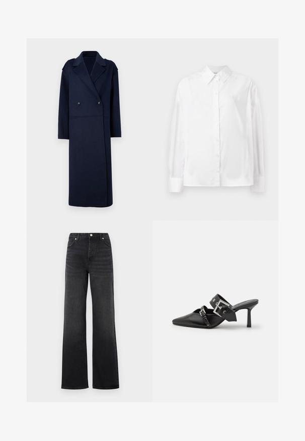 Suknja kaput od vune u mornarsko plavoj boji s dvostrukim prednjim dijelom, reverima i dugim rukavima. Sadrži dva crna gumba i srednje dugačak dizajn.; Bjela košulja dugih rukava s dugmadi, napravljena od glatke mješavine pamuka. Ima klasični ovratnik, prednje zatvaranje na dugmad te zakrivene manžete.; Crne visoke široke traperice s dugmetom i prednjim džepovima, sa blagim izblješnjenjem na bedrima.; Crne visoke mule s oštrim vrhom, izrađene od glatke kože. Imaju široku narukvicu oko gležnja sa srebrnom kvadratnom kopčom i nitnama.