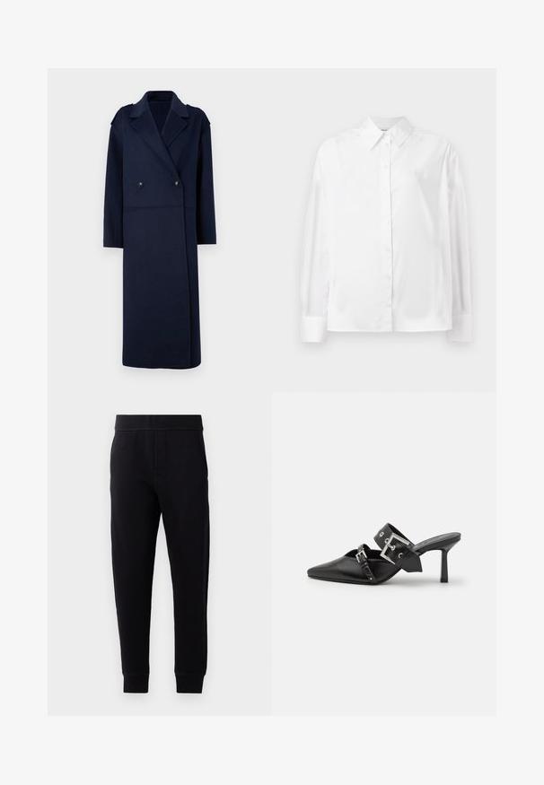 Marineblauwe wolmix jas met een dubbelgeknoopt voorpand, geknipte kraag en lange mouwen. Voorzien van twee zwarte knopen en een middellange pasvorm.; Witte langemouwige button-up shirt in een gladde katoenmix. Voorzien van een klassieke kraag, een knoopsluiting aan de voorkant en afgeronde manchetten.; Zwarte joggingbroek van zacht stof, met een elastische tailleband, slim fit, zijzakken en een taps toelopende boorden bij de enkels.; Zwarte hoge hakken mules met een puntige neus, gemaakt van soepel leer. Heeft een brede enkelriem met een vierkante zilveren gesp en studs.