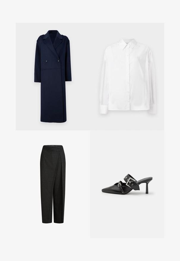 Mornarsko plašč iz volnene mešanice z dvojno zapenjanjem, z nazobčanim ovratnikom in dolgimi rokavi. Ima dve črni gumbi in srednje dolžino.; Bela srajca z dolgimi rokavi in gumbi, izdelana iz gladkega bombažnega mešanega materiala. Ima klasičen ovratnik, sprednje zapiranje na gumbe in zaokrožene manšete.; Črne hlače s pinstripes vzorcem in širokimi nogavicami, ki imajo skrajšano dolžino in prepognjen pas za urejen videz. Mehka tekstura tkanine.; Črne visoke mule s koničastim prstom, izdelane iz gladkega usnja. Imajo širok gleženjski trak s kvadratno srebrno zaponko in okraski.