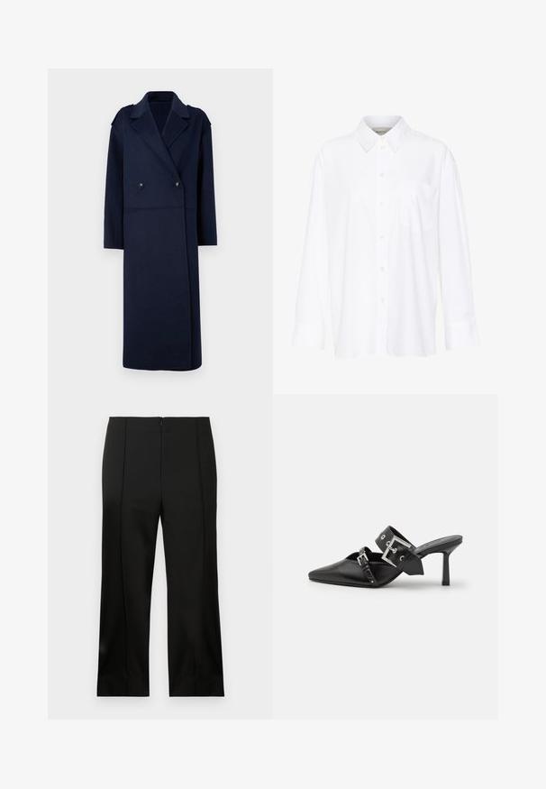 Mornarsko plašč iz volnene mešanice z dvojno zapenjanjem, z nazobčanim ovratnikom in dolgimi rokavi. Ima dve črni gumbi in srednje dolžino.; Bela dolga majica s kragnico iz bombaža. Ima gumbno zapenjanje spredaj in eno žep na prsih. Gladka tekstura, sproščen kroj.; Črne krojene hlače s ravnim nogavicam, gladkim blagom, centrom sprednjim pregibom in diskretnim zapiranjem z zadrgo zadaj.; Črne visoke mule s koničastim prstom, izdelane iz gladkega usnja. Imajo širok gleženjski trak s kvadratno srebrno zaponko in okraski.