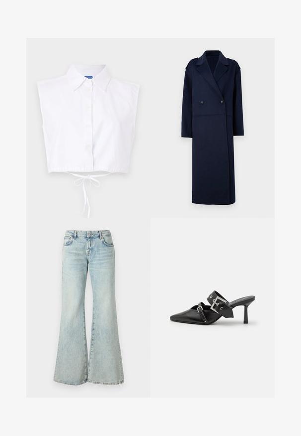 Laivastonsininen villasekoitteinen takki, jossa on kaksirivinen etuosa, viilto-ollat ja pitkät hihat. Varustettu kahdella mustalla napilla ja keskipitkällä muotoilulla.; Valkoinen, lyhythihainen, kauluksellinen toppi, jossa on nappisuljenta ja vyötäröllä nauha; etuosassa on hienovarainen brodeerattu logo.; Vaaleansiniset leveälahkeiset farkut, jotka on valmistettu denimistä, ja joissa on korkea vyötärö, taskut ja hapsutetut helmukset. Kankaan voimakkaasti haalistuneessa pesussa on hienovarainen tekstuuri.; Musta korkeakorkoiset mokkasiinit, joissa on terävä kärki ja sileä nahka. Varustettu leveällä nilkkahihnalla, jossa on neliönmuotoinen hopea solki ja niittejä.