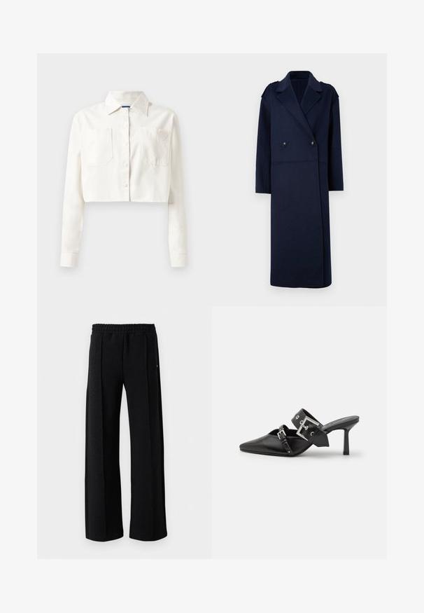 Marineblauwe wolmix jas met een dubbelgeknoopt voorpand, geknipte kraag en lange mouwen. Voorzien van twee zwarte knopen en een middellange pasvorm.; Korte witte blouse van katoen, met lange mouwen, een puntige kraag, twee voorzakken en een hartlogo op de linkse zak.; Zwarte rechte broek met elastische tailleband en een subtiel gemarmerd patroon in de stof, op een witte achtergrond.; Zwarte hoge hakken mules met een puntige neus, gemaakt van soepel leer. Heeft een brede enkelriem met een vierkante zilveren gesp en studs.
