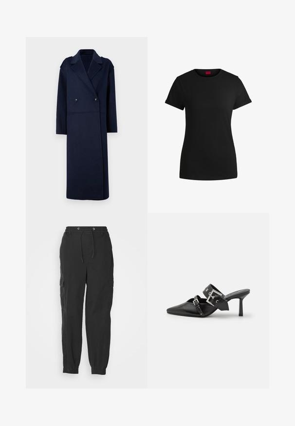Granatowy płaszcz z wełny z dodatkiem, z podwójnym zapięciem z przodu, z klapami i długimi rękawami. Posiada dwa czarne guziki i średniej długości krój.; Czarna bawełniana koszulka z krótkimi, podwiniętymi rękawami, okrągłym dekoltem i czerwoną metką. Gładka tekstura, dopasowany fason z minimalnymi detalami.; Czarne spodnie cargo z elastycznym pasem, sznurkiem i kieszeniami po bokach; zwężane nogawki z mankietami. Wykonane z lekkiego materiału.; Czarne mule na wysokim obcasie z ostrym noskiem, wykonane z gładkiej skóry. Posiadają szeroki pasek na kostkę z kwadratową srebrną klamrą i ćwiekami.