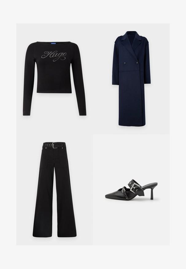 Tumesinise villase segu kattega kahe rinda nöörimisega mantel, lõigatud krae ja pikad varrukad. Omab kahte musta nööpide ja keskmise pikkusega disaini.; Must mustriga mustega kraega tipp, millel on lühendatud disain ja ees hõbedaste kristallidega "Hugo" logo. Valmistatud venivast materjalist.; Mustad laiad mustad püksid, mis on valmistatud puuvillast, kõrge vöökoha, suurte küljetaskute ja kumerate rihmadega, kus on hõbedased detailid.; Mustad mustad kõrged kontsad, terava toe ja siledast nahast. Omab laia pahkluu rihma ruudukujulise hõbedase klambri ja nurgakujuliste naeltega.