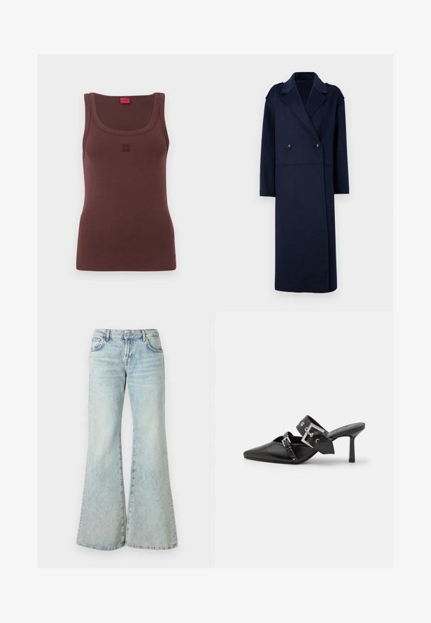Marineblauer Wollmischungsmantel mit doppelter Knopfleiste, Reverskragen und langen Ärmeln. Ausgestattet mit zwei schwarzen Knöpfen und einem mittellangen Design.; Braunes ärmelloses Tanktop aus weichem Stoff, mit rundem Halsausschnitt und subtil gesticktem "HUGO"-Logo auf der Vorderseite.; Hellblaue Schlagjeans aus Denim, mit hoher Taille, Taschen und ausgefransten Säumen. Der Stoff hat eine verblasste Waschung und eine subtile Textur.; Schwarze High-Heel-Mules mit spitzem Zeh aus glattem Leder. Mit einem breiten Knöchelriemen, der eine quadratische silberne Schnalle und Nieten aufweist.