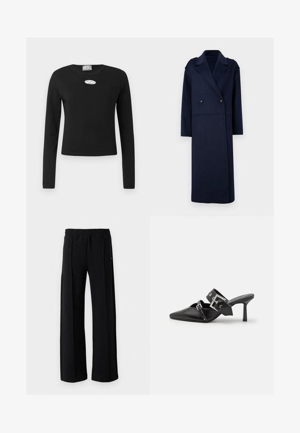 Kék gyapjú keverék kabát dupla soros elülső résszel, kiemelt gallérral és hosszú ujjal. Két fekete gombbal és közepes hosszúságú kialakítással rendelkezik.; Póló fekete színben, hosszú ujjal, pamutból készült, kerek nyakkivágással, az elején középen ezüst ovális logóval.; Fekete egyenes lábú nadrág rugalmas derékkal és finom textúrával az anyagban, fehér háttéren.; Fekete magassarkú mules, hegyes orral, sima bőrből készült. Széles bokapántja van, négyzet alakú ezüst csattal és szegecsekkel.