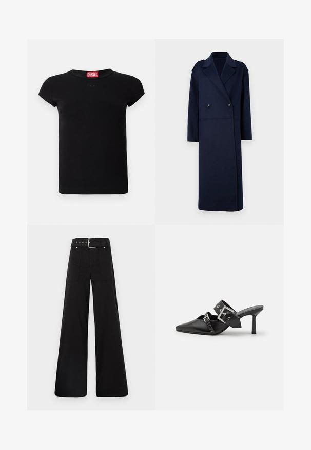 Námořnický kabát z vlněné směsi s dvojitým zapínáním, klopovým límcem a dlouhými rukávy. Obsahuje dvě černé knoflíky a má střední délku.; Černé vypasované tričko s krátkým rukávem a kulatým výstřihem, s červenou značkou Diesel uvnitř límce.; Černé široké kalhoty vyrobené z bavlny, s vysokým pasem, velkými bočními kapsami a opaskem s kovovými akcenty v barvě stříbra.; Černé muly na vysokém podpatku s špičatou špičkou, vyrobené z hladké kůže. Mají široký pás kolem kotníku se čtvercovou stříbrnou sponou a cvočky.