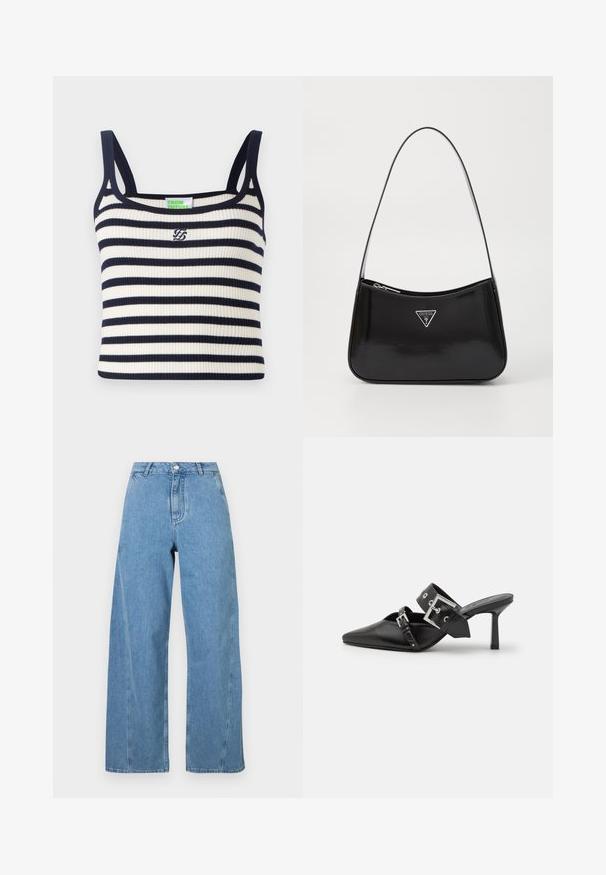 Tumši zils vilnas maisījuma mētelis ar divkāršu priekšpusi, atgriezta apkakle un garām piedurknēm. Ietver divus melnus pogas un vidēja garuma dizainu.; Ripuņota bez piedurknēm ar tumši zilu un baltu horizontālu svītru rakstu. Aprīkota ar šaurām plecu siksnām un nelielu izšūtu logotipu krūšu daļā.; Gai zili džinsi ar platajām kājām, izgatavoti no denima, ar augsto vidukli, taisnu griezumu un kontrastējošiem šuvēm.; Melnas augstpapēžu mūles ar norādītu purngalu, izgatavotas no gludas ādas. Iekļauj plašu potītes siksnu ar kvadrātveida sudraba sprādzi un kniedēm.; Melna lakota ādas plecu soma ar izliekta formu, kurai ir sudraba trīsstūra logs un rāvējslēdzēja aizdare. Gluda tekstūra un šaurs siksna.