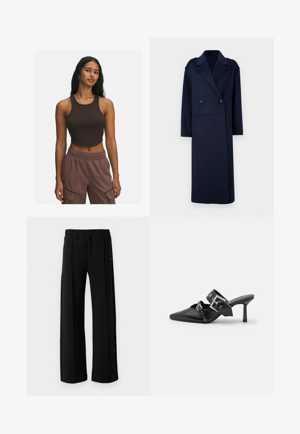 Tumši zils vilnas maisījuma mētelis ar divkāršu priekšpusi, atgriezta apkakle un garām piedurknēm. Ietver divus melnus pogas un vidēja garuma dizainu.; Brūns ribota īsa tops ar apaļu kakla izgriezumu un minimālām šuvēm, apvienots ar gaiši brūnām biksēm ar sānu kabatām un elastīgu jostasvīru.; Melni taisni bikses ar elastīgu jostasvietu un smalku teksturētu rakstu visa auduma garumā uz baltas fona.; Melnas augstpapēžu mūles ar norādītu purngalu, izgatavotas no gludas ādas. Iekļauj plašu potītes siksnu ar kvadrātveida sudraba sprādzi un kniedēm.