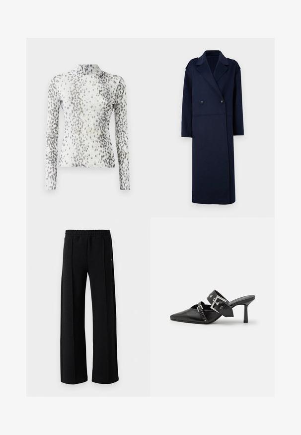 Marineblauwe wolmix jas met een dubbelgeknoopt voorpand, geknipte kraag en lange mouwen. Voorzien van twee zwarte knopen en een middellange pasvorm.; Langsleeve top met een hoge halslijn, gemaakt van een witte stof versierd met een grijs en zwart gespikkeld patroon.; Zwarte rechte broek met elastische tailleband en een subtiel gemarmerd patroon in de stof, op een witte achtergrond.; Zwarte hoge hakken mules met een puntige neus, gemaakt van soepel leer. Heeft een brede enkelriem met een vierkante zilveren gesp en studs.
