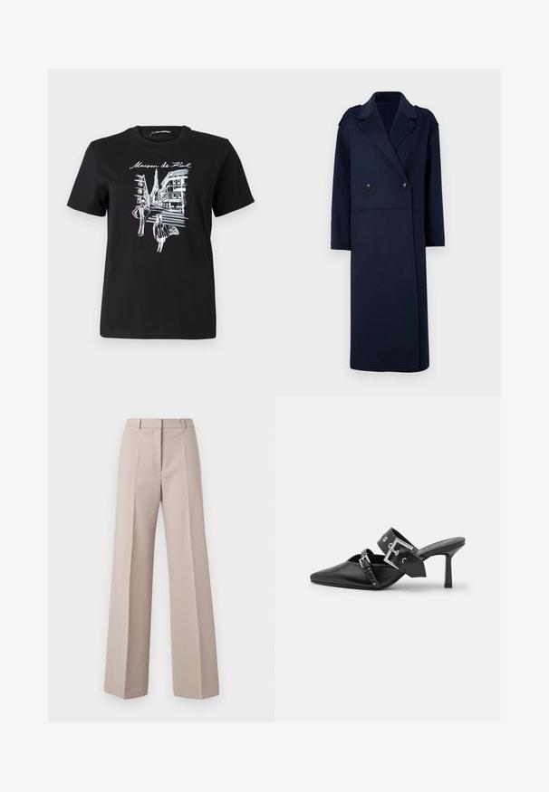 Tamsiai mėlynas vilnos mišinys paltas su dvigubai užsegamu priekiu, iškirptėmis atlapais ir ilgomis rankovėmis. Yra du juodi mygtukai ir vidutinio ilgio dizainas.; Juodas medvilnės marškinėliai su grafiniu dizainu, vaizduojančiu Paryžiaus gatves su bokštu, pabrėžtu rožinės ir baltos spalvos linijų mena. Apvalia iškirpte.; Švelnūs, smėlio spalvos plačiasijoniai pantalonai, pasiūti iš lygaus audinio, su aukšta juosmens linija, priekiniais raukšlėmis ir pritaikytu siluetu.; Juodos aukštakulnės mule bateliai su smailiu pirštu, pagaminti iš lygaus odos. Turi platų kulkšnies dirželį su kvadratiniu sidabro sagtimi ir skulptūromis.