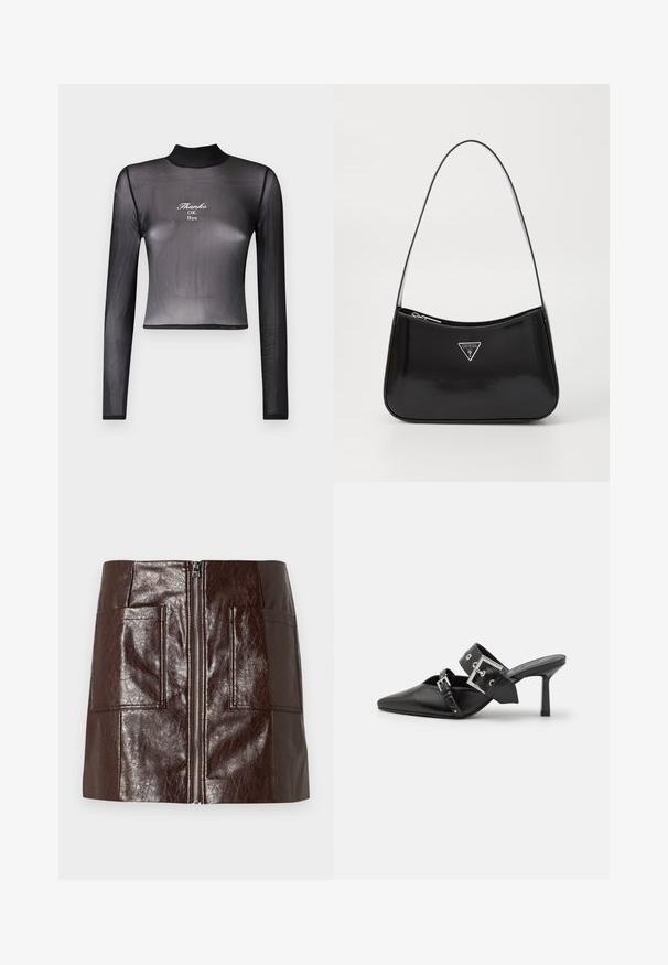 Marineblauwe wolmix jas met een dubbelgeknoopt voorpand, geknipte kraag en lange mouwen. Voorzien van twee zwarte knopen en een middellange pasvorm.; Zwarte langenkorte top met lange mouwen van doorzichtig materiaal, voorzien van een hoge hals en geborduurde tekst "Thanks OK Bye" op de voorkant.; Korte rok van bruin faux leer met een rits aan de voorkant, twee grote voorzakken en een gladde, glanzende textuur.; Zwarte hoge hakken mules met een puntige neus, gemaakt van soepel leer. Heeft een brede enkelriem met een vierkante zilveren gesp en studs.; Zwarte lakleren schoudertas met een gebogen vorm, voorzien van een zilveren driehoeklogo en een ritssluiting. Gladde textuur en slanke schouderband.