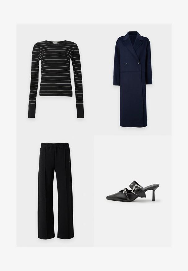Marineblauer Wollmischungsmantel mit doppelter Knopfleiste, Reverskragen und langen Ärmeln. Ausgestattet mit zwei schwarzen Knöpfen und einem mittellangen Design.; Schwarzes, langärmliges, eng anliegendes Oberteil mit dünnen weißen horizontalen Streifen und verlängerten Bündchen, auf einem schlichten weißen Hintergrund präsentiert.; Schwarze gerade Hosen mit elastischem Bund und subtiler Struktur im gesamten Stoff auf einem weißen Hintergrund.; Schwarze High-Heel-Mules mit spitzem Zeh aus glattem Leder. Mit einem breiten Knöchelriemen, der eine quadratische silberne Schnalle und Nieten aufweist.