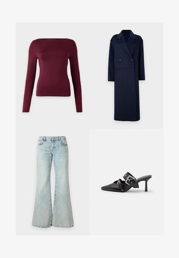 Tumši zils vilnas maisījuma mētelis ar divkāršu priekšpusi, atgriezta apkakle un garām piedurknēm. Ietver divus melnus pogas un vidēja garuma dizainu.; Garās piedurknes tops tumši burgundijas krāsā, izgatavots no mīksta, elastīga materiāla. Īpašības: taisnstūrveida kakla izgriezums un pieguļošs piegriezums, nav pamanāmu rakstu vai aksesuāru.; Gai zila platā kāju džinsu bikses, izgatavotas no denima, ar augstu jostasvietu, kabatām un saplosītiem malu galiem. Audumam ir izteikta izbalējusi krāsa un smalks raksts.; Melnas augstpapēžu mūles ar norādītu purngalu, izgatavotas no gludas ādas. Iekļauj plašu potītes siksnu ar kvadrātveida sudraba sprādzi un kniedēm.