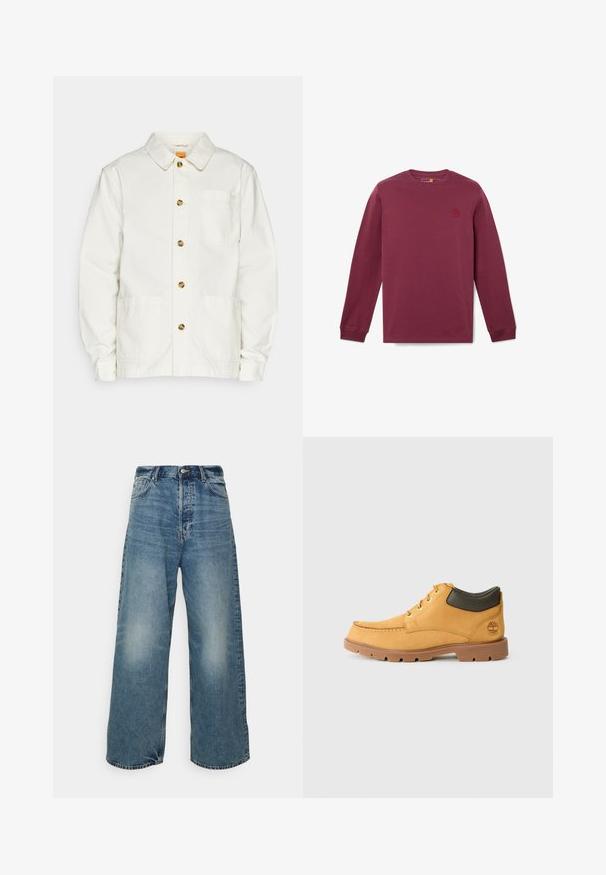 Biała bawełniana kurtka z kołnierzykiem, z guzikami z przodu, dwoma dużymi kieszeniami z przodu oraz kieszenią na piersi z małym logo na kieszeni.; Bordowy t-shirt z długim rękawem z bawełny, z okrągłym dekoltem i małym czerwonym logo po lewej stronie klatki piersiowej. Miękka tekstura i standardowy krój.; Weekday ASTRO niebieski denim; Żółty skórzany but z brązową gumową podeszwą, okrągłym czubkiem i zielonym skórzanym detalem w okolicy kostki. Posiada złote oczka i akcenty nitkowe.