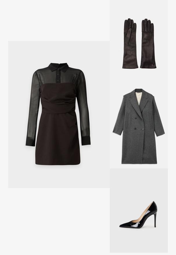 Šedý vlněný kabát s dvojitým zapínáním vpředu, velkými klopami a dvěma vertikálními kapsami. Hladká podšívka, upravený střih.; Černé šaty s průhledným černým síťovým topem a dlouhými rukávy, límcem na knoflíky a nabíranými detaily v pase. Hladký povrch tkaniny.; Černý lakovaný kožený lodičkový bot s špičatou špičkou a elegantním siluetou. Má hladký, lesklý povrch a štíhlý jehlový podpatek.; Weekend Max Mara SENAPE - Rukavice - nero