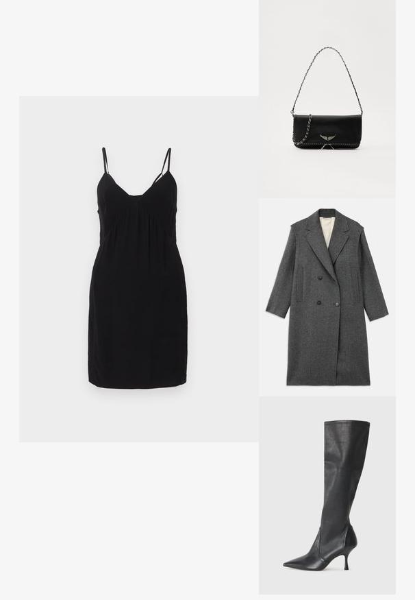 Cappotto in lana grigia con abbottonatura doppiopetto, ampie alette e due tasche verticali. Fodera interna liscia, forma sartoriale.; Abito nero senza maniche con scollatura a V, caratterizzato da dettagli arricciati sotto il busto e una vestibilità dritta. Realizzato in tessuto liscio.; Stivali neri in pelle al ginocchio con punta affusolata e tacco a stiletto sottile. Texture liscia con design aderente e cuciture lungo il bordo superiore.; Borsa a mano in pelle nera con una tracolla in catena argento, caratterizzata da decorazioni a forma di ali e cuciture bianche lungo la cucitura inferiore.