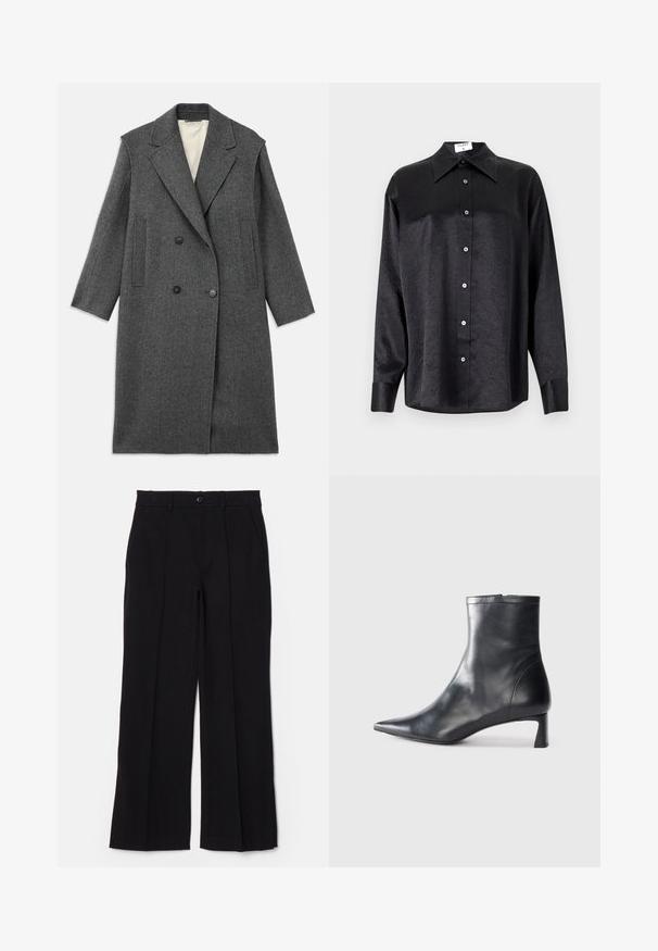 Manteau en laine grise avec un devant croisé, de grands revers crantés et deux poches verticales. Doublure intérieure lisse, coupe ajustée.; Chemise noire à manches longues avec un col, présentant une texture froissée, une fermeture à boutons sur le devant et des poignets. Fabriquée en tissu lisse.; Pantalon noir avec un devant plat, des jambes droites et des poches. Fabriqué en tissu doux, il dispose d'une fermeture à un bouton et de passants de ceinture.; Bottine en cuir noir avec un bout pointu et un design épuré. Présente un petit talon et une fermeture éclair à l'arrière. Texture lisse.