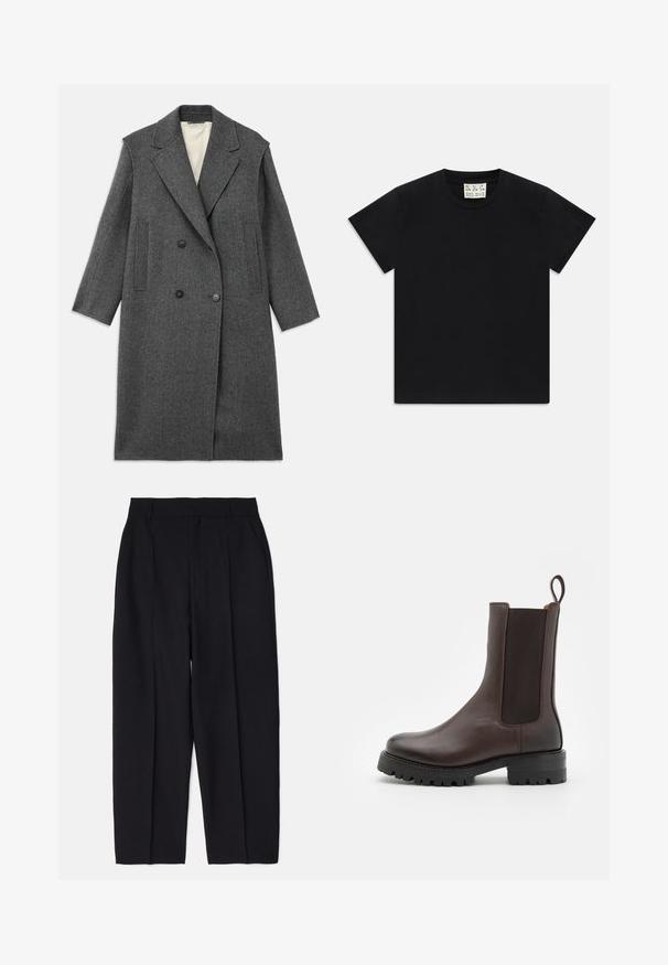 Grijze wollen jas met een dubbele rij knopen aan de voorkant, grote gekartelde revers en twee verticale zakken. Glad binnenvoering, getailleerde pasvorm.; Zwarte t-shirt met korte mouwen en ronde hals met een wit label binnen in de kraag, waarop "D.R.C. EST. 2002" staat, tegen een witte achtergrond.; Zwarte, op maat gemaakte broek met een rechte pasvorm, gemaakt van een gladde stof, met voorplooien en zijzakken.; Bruine leren enkellaars met elastische zijpanelen, een trekhaak en een chunky zool met een profielpatroon. Glad afwerking en robuust ontwerp.