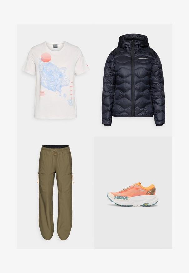 Tumesinist värvi puffer-jakk kapuutsiga, millel on tikitud lainelised mustrid, ees lukuga sulgemine ja rinnal logo detailid. Kerge ja sileda tekstuuriga.; Valge puuvillane T-särk, millel on sinised kontuurjooned ja punase päikese graafika, mille ees on punased teksti detailid. Lühikesed varrukad, ümar kaelus.; Kergedest õlivärvi cargo püksid elastse vööga ja oranži paelaga; omaduseks on lukuga küljetaskud ja õmblustega aktsendid.; Kollane ja roosa jooksujalats, millel on silmaga pealmine osa, valge vaheosa, Vibrami välistald ja helesinised aktsendid. Küljes on HOKA brändimine.